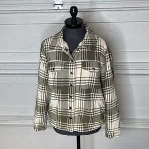 Womens Lucky Brand Flannel Jacket Plaid Sherpa Lined Green Beige Pockets Medium